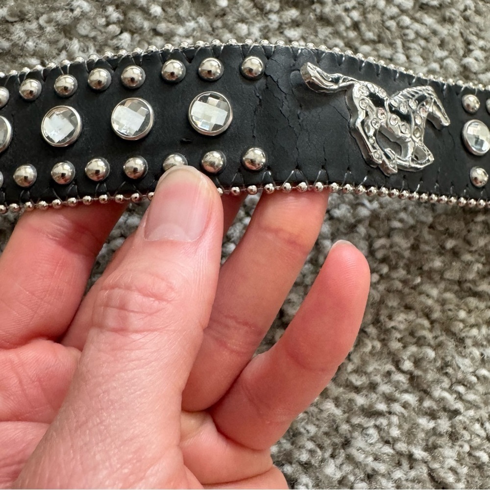 Nocona Leather Belt 26 Black Studded Rhinestone Sliver Bling Cowgirl Y2K Boho‎ - Picture 8 of 14
